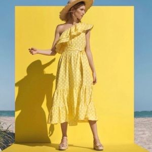 Lisa Marie Fernandez linen blend polka dot one shoulder midi dress.